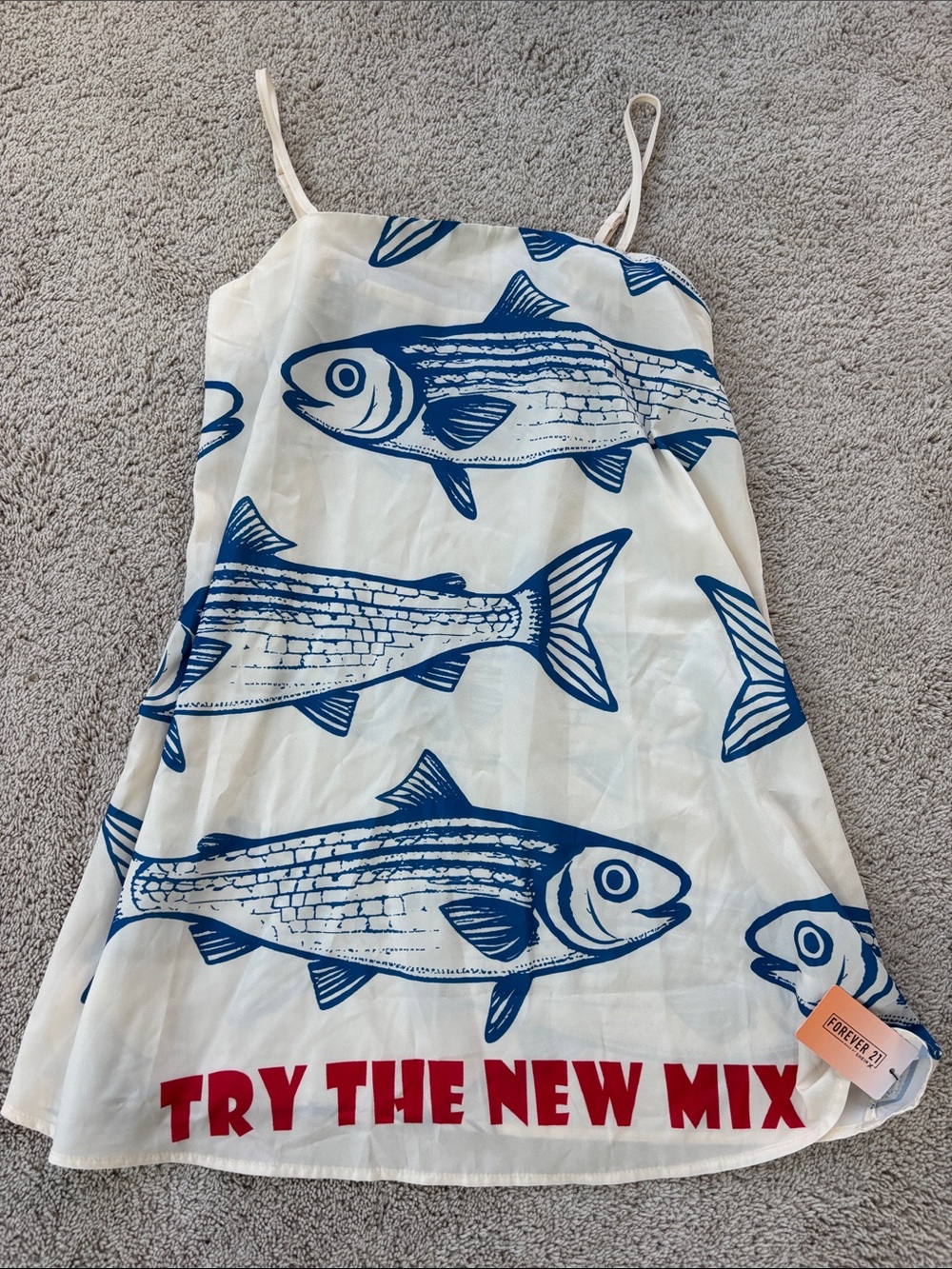 Forever 21 White Mini Dress with Blue Fish Print and Red Text